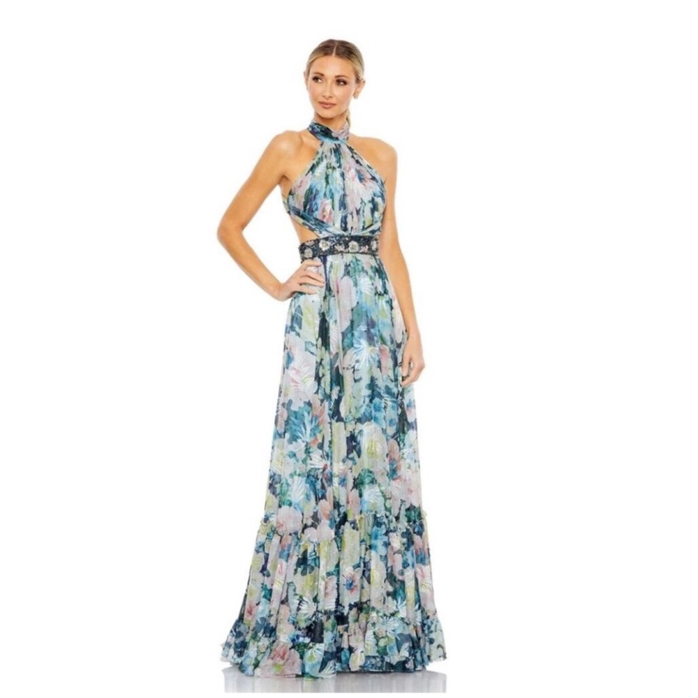 Mac Duggal Halter Neckline Beaded Cut Out Waist Open Back Dress | Size 4
